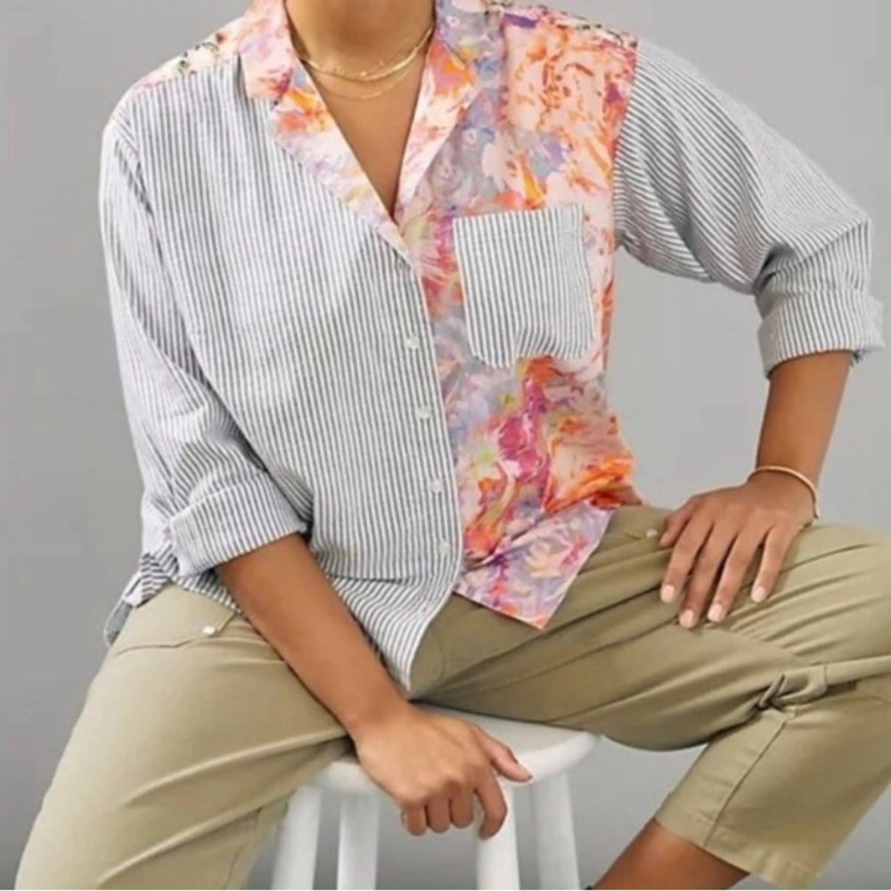 Anthropologie Maeve Mixed Media Multicolor Floral and Stripe Button Down Shirt
